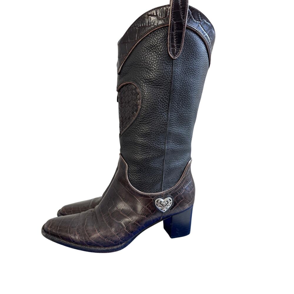 Brighton Toby Western Boots | Black & Brown Croc-Embossed Leather | Heart Detail